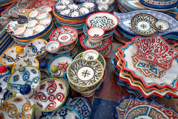 istock Handmade ceramic plates, bowls and saucers in various patterns and colors, Fez, Morocco 1680368641