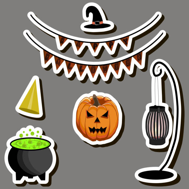 наклейка для празднования веселого праздника хэллоуин с оранжевыми тыквами - kitchen utensil gourd pumpkin magical equipment stock illustrations
