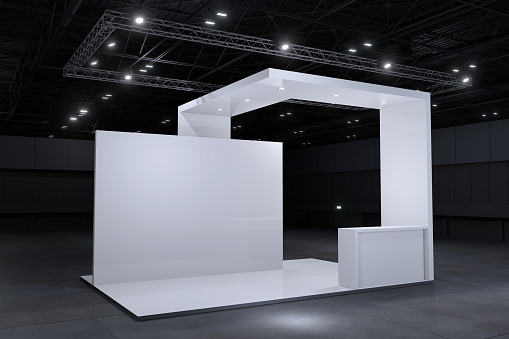 Exhibition stand for mockup and Corporate identity,Display design.Empty booth Design.Retail booth elements in Exhibition hall.booth Design trade show.Blank Booth system of Graphic Resources.3d Background for online Event,conference,live.3d render.