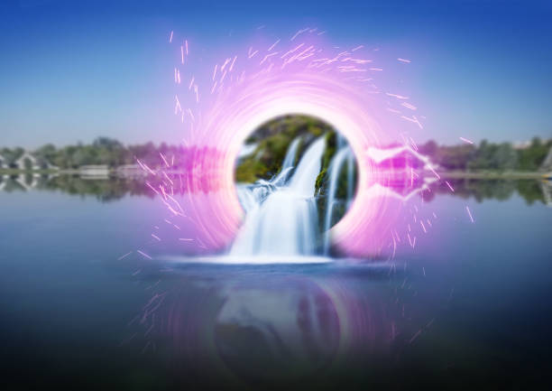 Portal from another dimension above the lake. Metaverse and virtual reality concept.