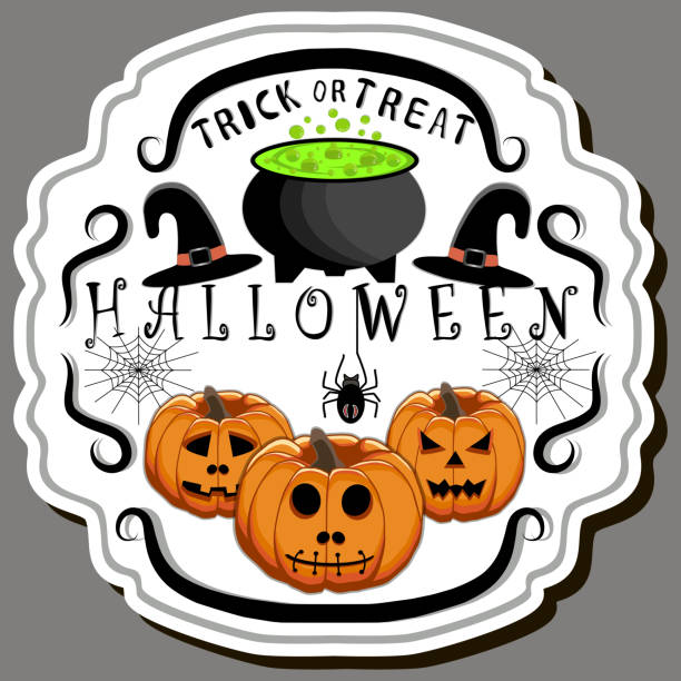 иллюстрация на тематическую наклейку для празднования весе�лого праздника хэллоуин - kitchen utensil gourd pumpkin magical equipment stock illustrations