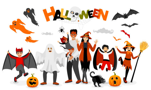 ilustraciones, imágenes clip art, dibujos animados e iconos de stock de cartel de halloween. truco o tratos. familia con varios disfraces celebrando halloween. - running mummified horror spooky
