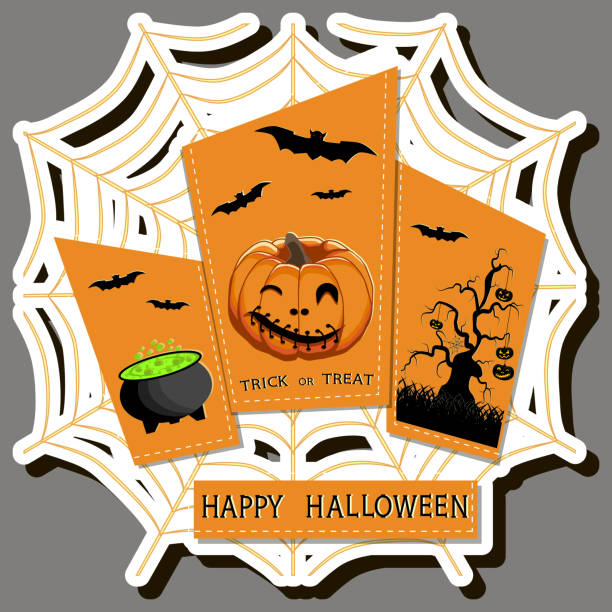 иллюстрация на тематическую наклейку для празднования веселого праздника хэллоуин - kitchen utensil gourd pumpkin magical equipment stock illustrations