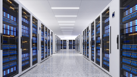 Shot of Data Center With Multiple Rows of Fully Operational Server Racks. Modern Telecommunications,Data center cooling,server room,3d rendering