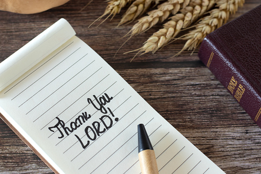 Thank you, LORD, handwritten quote in a notebook with pen, bible book, and ripe wheat stalks on wooden table. Close-up. Christian thanksgiving, gratitude, and blessing form God Jesus Christ concept.