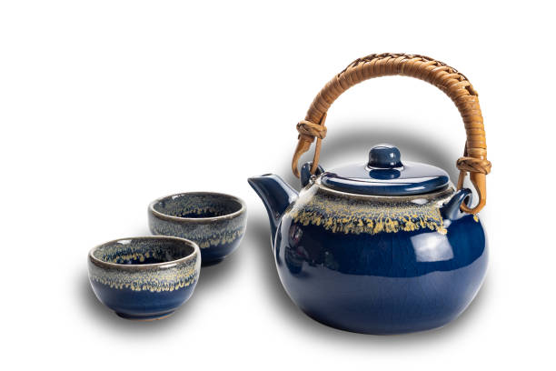 istock Closeup view of blue ceramic tea set with cups. 1680394270