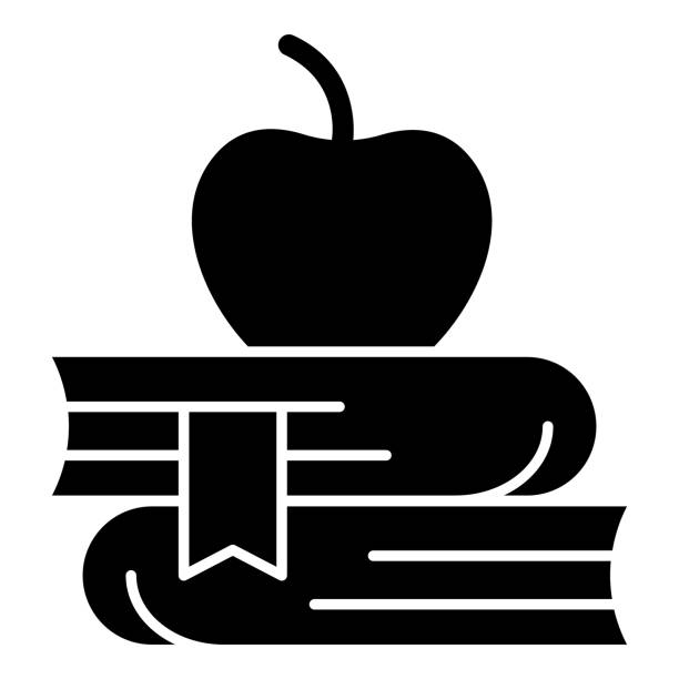애플은 책의 단단한 아이콘, 학교 개념, 책 더미, 흰색 배경에 사과 기호, 글리프 스타일의 모바일 개념 웹 디자인의 교육 기호 아이콘. 벡터 그래픽. - apple stack white backgrounds stock illustrations