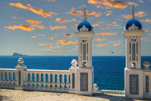 Detail of typical traditional Valencian architecture. The Balcony of the Mediterranean sea, Mirador del Castillo, Mediterranean lookout point in Alicante. Benidorm, Costa Blanca, Spain.