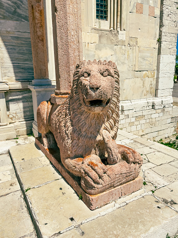 Traditional Greek sculpture in Santorini. Lion guarding the entrance