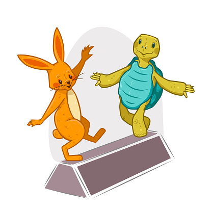 Tortoise and hare characters balancing on a beam, vector illustration