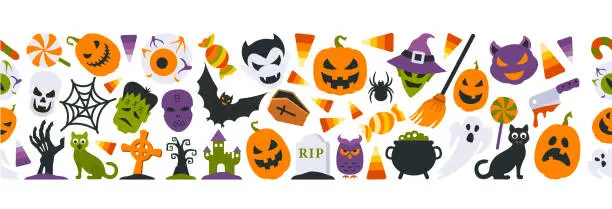 Vector illustration of Happy Halloween banner. Halloween seamless pattern.