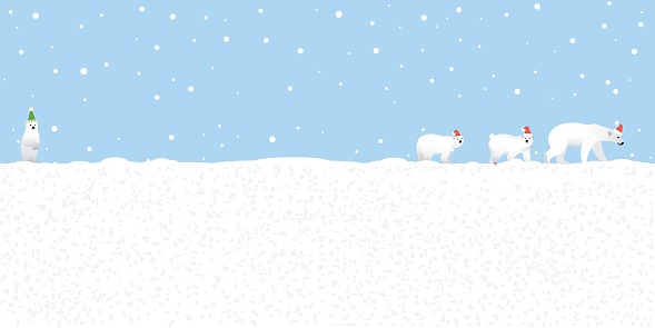 Polar Bear family wearing santa's hat except the last one wearing party hat walking in snowland flat design vector illustration. Merry Christmas and Happy New Year greeting card have blank space.