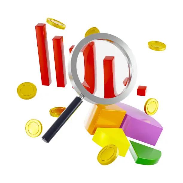 Photo of Financial analytics. A 3D magnification glass, an abstract gold coins, graphs and round diagram isolated on white background