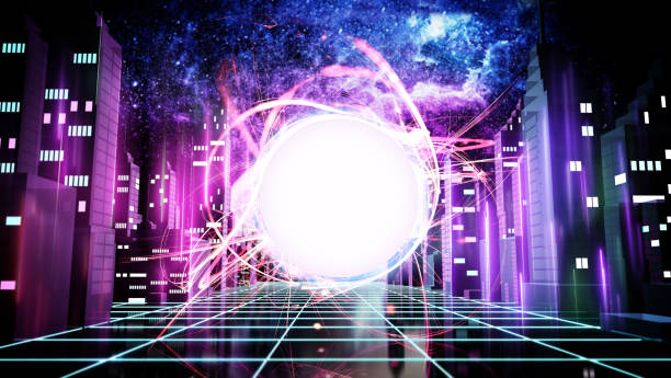 istock Portal from another dimension on generic city silhouette. Metaverse and virtual reality concept 1680464051