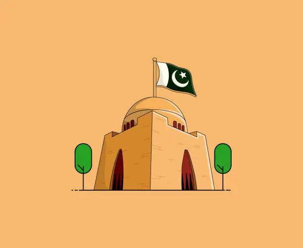 Vector illustration of Mazar e Quaid vector illustration. Pakistan national flag. Quaid e Azam mausoleum. Quaid e Azam Mizar and Tomb.