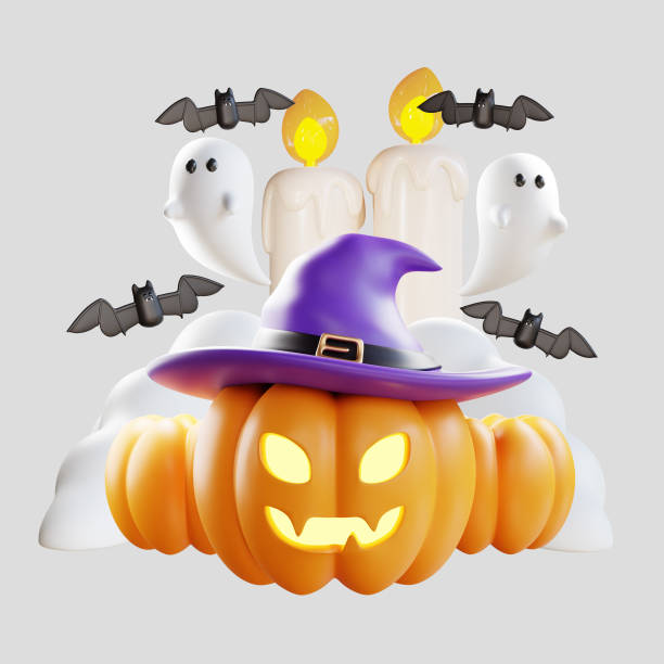 Halloween Holiday Scary pumpkin head, open gifts boxes, witch hat, bats and cute ghost. Halloween concept for web banner, party poster, ads brochure, greeting card, party invitation. 3D Rendering halloween holiday scary pumpkin head, cajas de regalos abiertas, sombrero de bruja, murciélagos y lindo fantasma. concepto de halloween para banner web, cartel de fiesta, folleto de anuncios, tarjeta de felicitación, invitación a fiesta. renderizado 3d