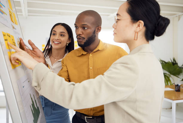istock Board, brainstorming and team with ideas and meeting, diversity and discussion with plan on sticky note. Inspiration, agenda and objective, analytics and research, information and people at startup 1680487675