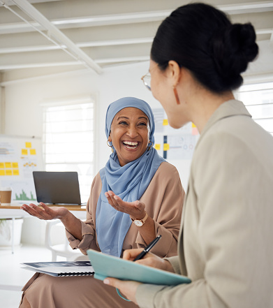 Collaboration, smile and a muslim business woman in the office with a colleague for planning in a meeting. Teamwork, training and coaching with a mentor talking to an employee in the workplace