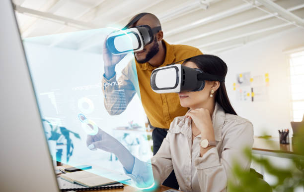 istock Business people, hologram and virtual reality, future technology and analysis with collaboration and overlay. Press on screen, metaverse and corporate team, VR goggles and analytics with statistics 1680490445