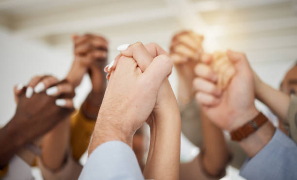 istock Holding hands, business people and office support with diversity, partnership and collaboration. Celebration, motivation and company staff with solidarity, community and together with teamwork 1680493176