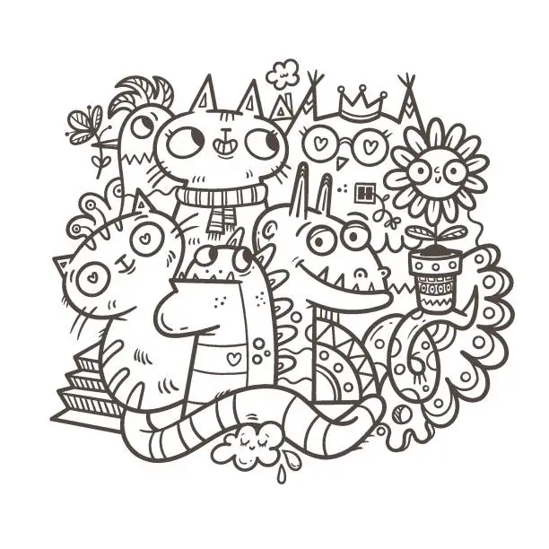 Vector illustration of Coloring book antistress with funny creatures. Doodle print with fantasy characters, cats and birds. Line art poster. Illustration for children.