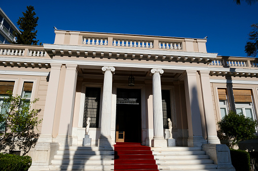 Exterior view of Maximos Mansion, the official seat of the Prime Minister of Greece in Athens, Greece  on Aug. 21, 2023.