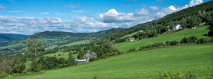 panoramic aerial view of beautiful Karkonosze (Krkonoše, Giant Mountains) mountains covered with green forest and meadows