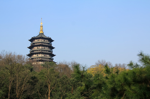 Leifeng pagoda with the trees in the foreground in Hangzhou, China. A popular pagoda and symbol in Hangzhou. Travel and nature scene.