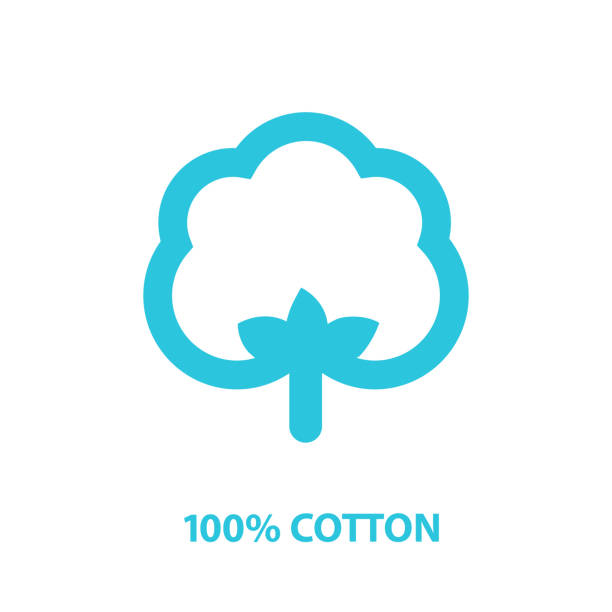 baumwoll-icon-zeichen 100% etikett, blaues symbol auf weißem hintergrund - cotton flower textile textile industry stock-grafiken, -clipart, -cartoons und -symbole