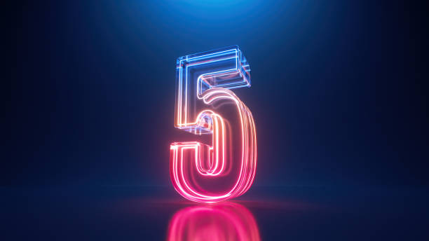 istock 3d render, digital neon number five. Glass symbol with glowing linear frame, laser line 1680524149