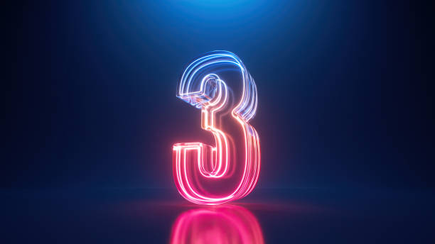 istock 3d render, digital neon number three. The third place. Glass symbol with glowing linear frame, laser line 1680524734