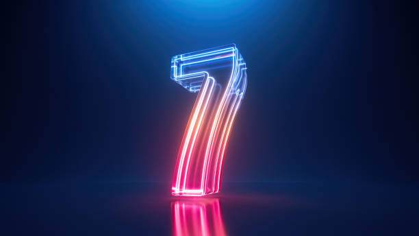 istock 3d render, digital neon number seven. Glass symbol with glowing linear frame, laser line 1680524768