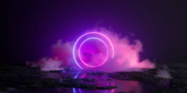 istock 3d render, abstract fantastic background, neon round linear frame, illuminated smoke and mysterious terrain. Fantasy landscape 1680526544