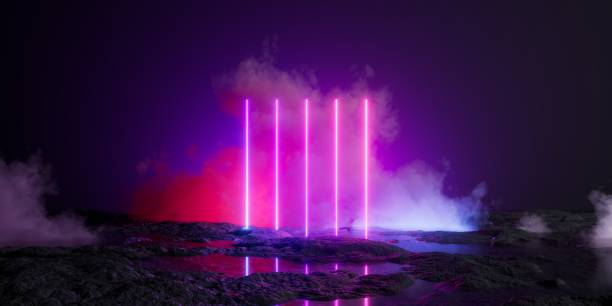 istock 3d render, abstract fantastic neon background, vertical glowing lines, illuminated smoke and mysterious terrain. Fantasy landscape 1680527088