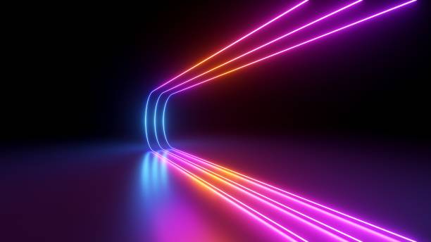 istock 3d render, rounded bend pink blue neon lines glowing in the dark. Abstract minimalist geometric background. Cyber space. Futuristic wallpaper 1680527143