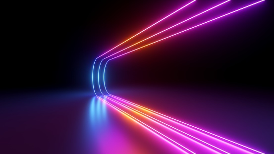 3d render, rounded bend pink blue neon lines glowing in the dark. Abstract minimalist geometric background. Cyber space. Futuristic wallpaper