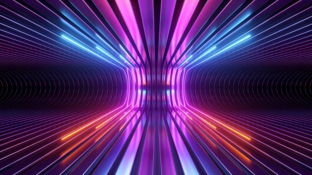 istock 3d render. Abstract futuristic neon background. Rounded red blue lines, glowing in the dark. Ultraviolet spectrum. Cyber space. Minimalist wallpaper. 1680528232