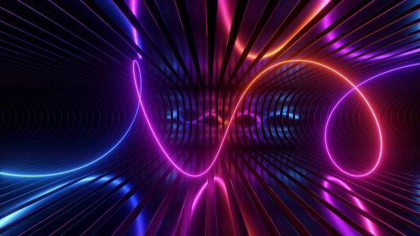 istock 3d render. Abstract futuristic neon background. Rounded red blue spiral and helix, glowing against a backdrop of metal strips. Ultraviolet spectrum. Cyber space 1680528792