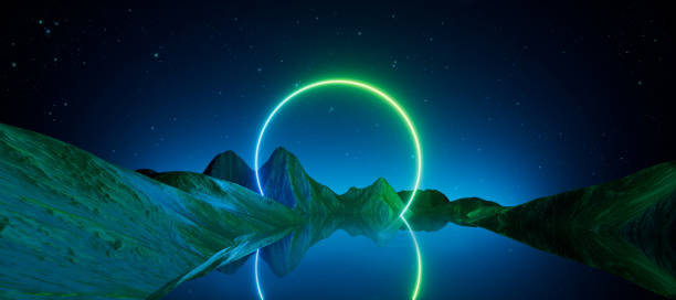 istock 3d render, abstract neon background with round arch and extraterrestrial landscape under the starry night sky. Rocks and water reflection. Futuristic minimalist cosmic wallpaper 1680531082
