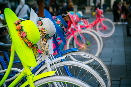 Colourful bikes and hats for rent in Jakarta, Indonesia