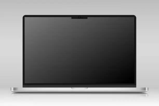 Vector illustration of A laptop with an empty black matte screen on a gray background.