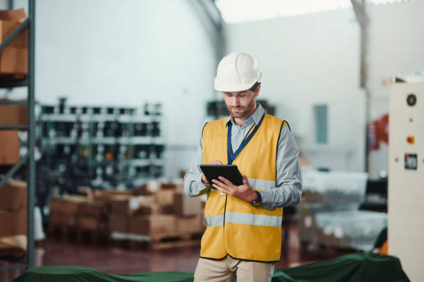 istock Warehouse, tablet of engineer and man at box to check stock, inventory or freight. Technology, worker and person in factory by boxes in supply chain, logistics and industrial storage for shipping 1680561822
