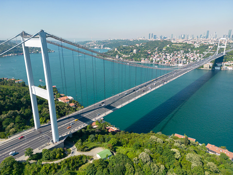 Aerial view of The Second Bosphorus Bridge or Fatih Sultan Mehmet Bridge, Istanbul.