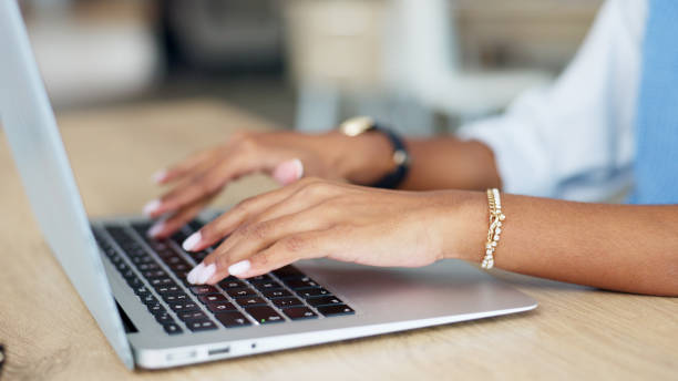 istock Hands, editor or woman typing on laptop for networking on email or online research project on keyboard. Editing closeup, digital or girl copywriting on blog website, feedback or internet articles 1680567857