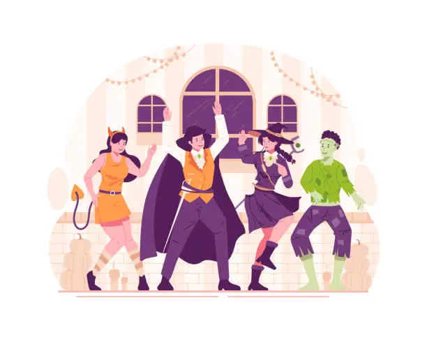 Vector illustration of Group of Happy People Dressed in Various Halloween Costumes Are Dancing at a Halloween Party