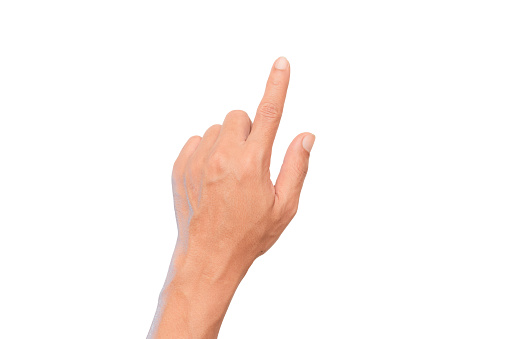 man hand point the finger at the target - business targeting, aiming, focus concept. white background, isolate.