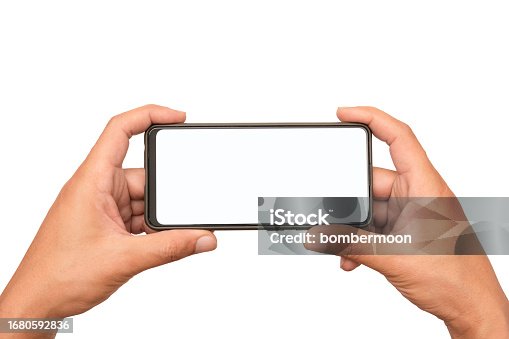 istock Man's hands hold smartphones horizontally to play a game or watch a movie, blank screen for additional user interface. Isolated image 1680592836