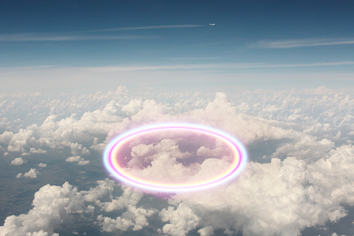 Above the clouds portal to metaverse, 3d render and photography collages.