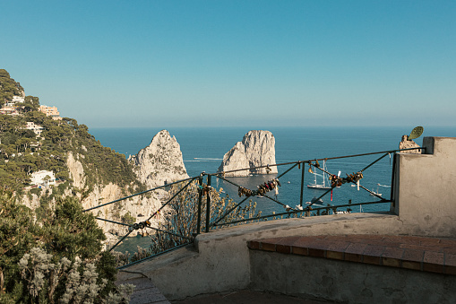 View on Faraglioni Rocks in Capri, seen from Augustus Gardens