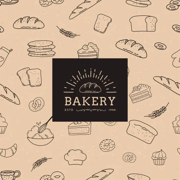 Vector illustration of Bakery background, boulangerie goods, doodle pattern. Hand drawn line bread, pretzel and muffin. Simple outline baked pastry food, wheat croissant. Vintage style logo. Vector seamless texture